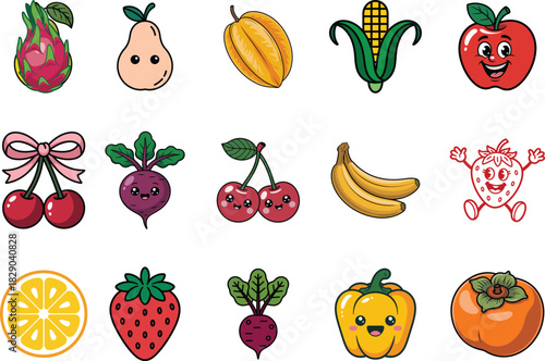 A colorful collection of kawaii fruit characters, including dragon fruit, pear, plum, corn, apple, cherries, beet, banana, strawberry, lemon, and persimmon