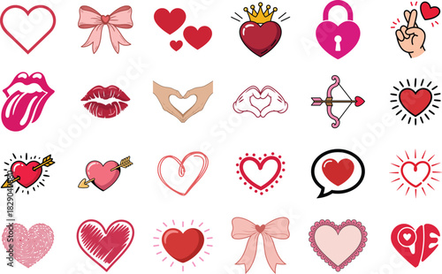 A collection of love and heart themed vector icons, perfect for valentines day designs, featuring various styles and symbols of affection and romance