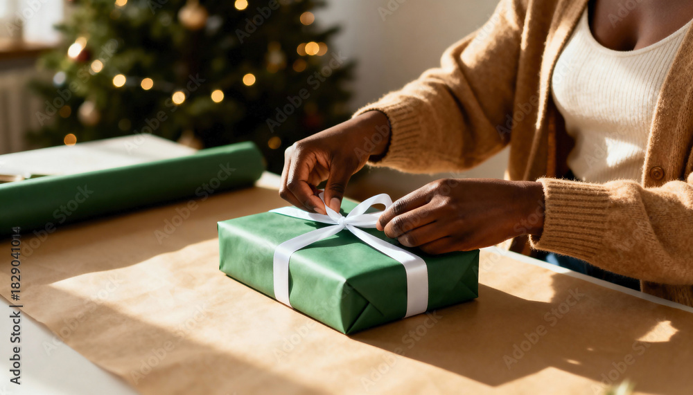 Naklejka premium Black woman's hands wrapping a Christmas gift with green paper and a white ribbon. Holiday preparation and celebration concept
