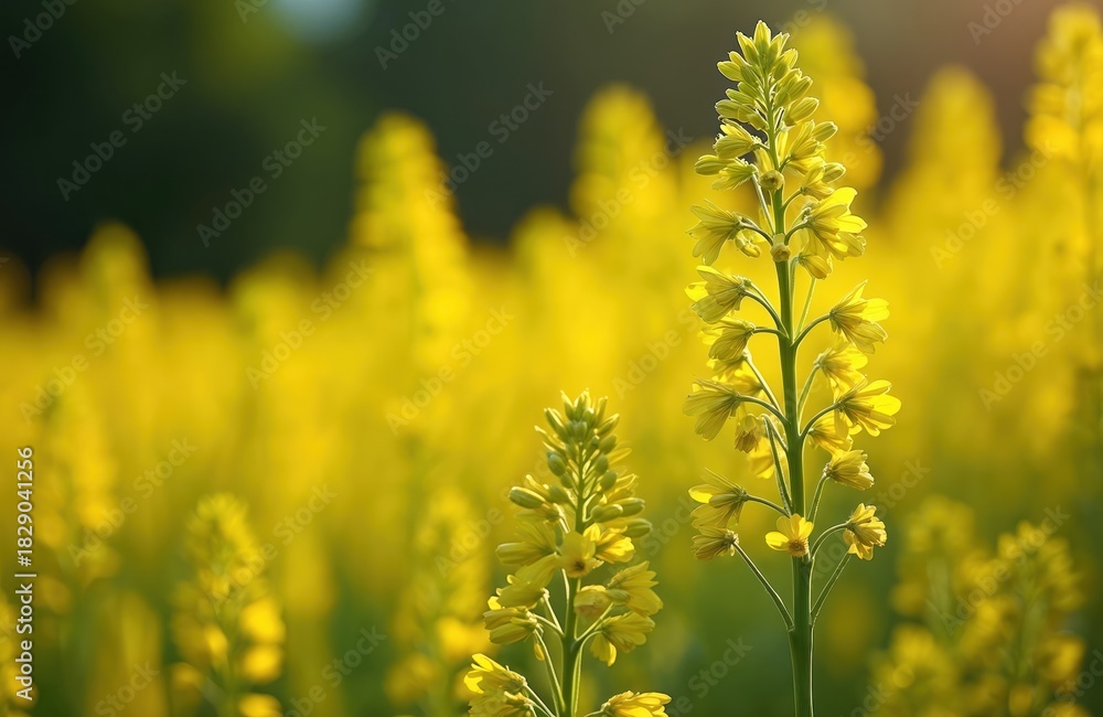 Obraz premium Close up of rapeseed flower in farm field. Yellow canola plants bloom in spring sunshine. Agriculture landscape shows plant growth in summer meadow with blossom.
