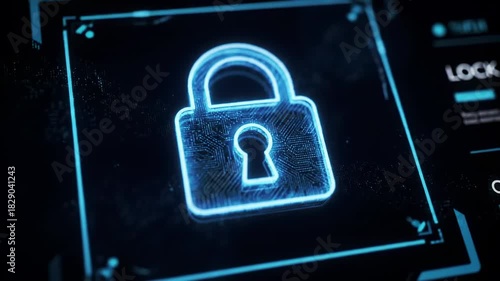 A glowing blue padlock icon overlaid on a black digital interface with other information