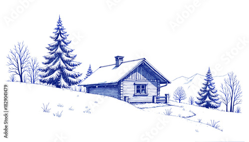 Vintage sketch in blue ink of an alpine hut under snowfall  