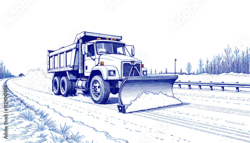 Vintage sketch of a snowplow clearing street in blue ink  