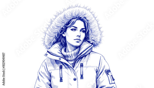 Woman in snow parka illustrated with blue ink on white background  