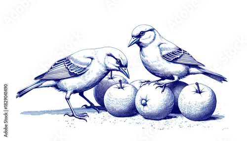 Vintage sketch of birds pecking frozen fruit with blue ink drawing  