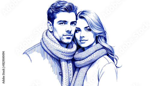 Vintage sketch of a couple in woolen scarves in blue ink  