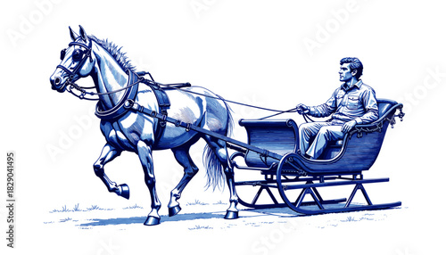 Vintage sketch of a horse pulling a sleigh with a man riding  