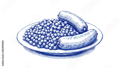Vintage sketch of sausages and lentils stew on decorative plate  