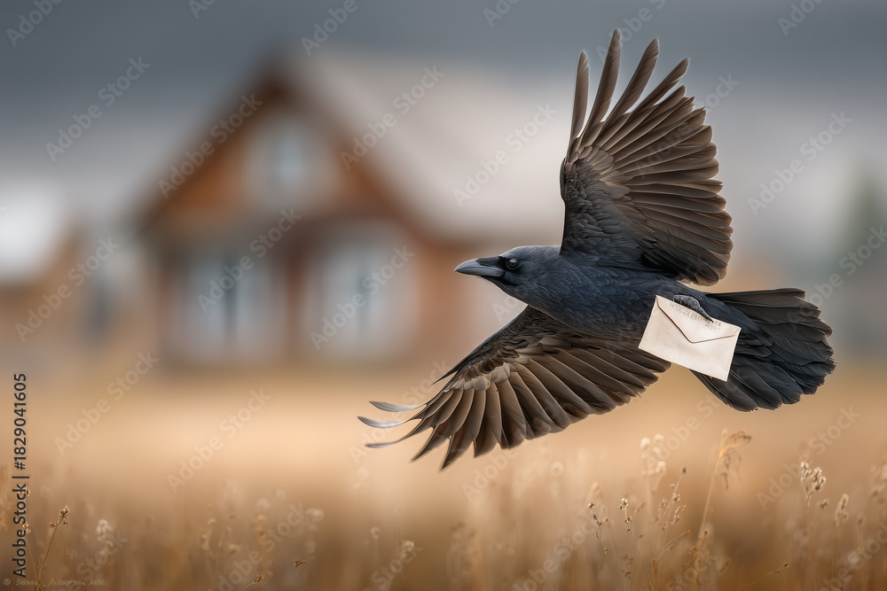 Naklejka premium Fliegender Rabe mit Brief – symbolische Botschaft vor ländlicher Hauskulisse