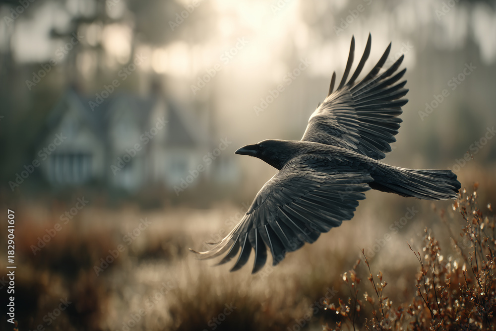 Obraz premium Fliegende Krähe in natürlicher Umgebung – dynamische Wildtieraufnahme