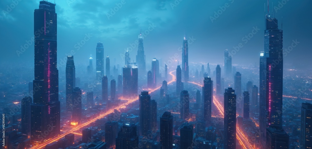 Fototapeta premium Futuristic city skyline at night with neon lights and glowing roads. Tall modern skyscrapers reach into a misty, dark blue sky. This urban landscape represents innovation and advanced tech.