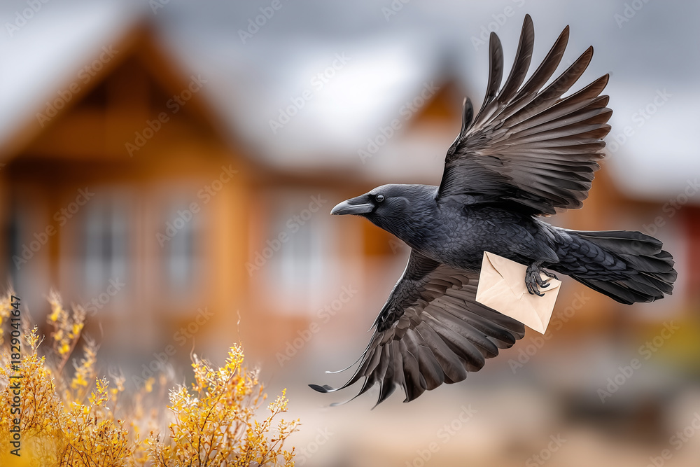 Naklejka premium Fliegender Rabe mit Brief – symbolische Botschaft vor ländlicher Hauskulisse