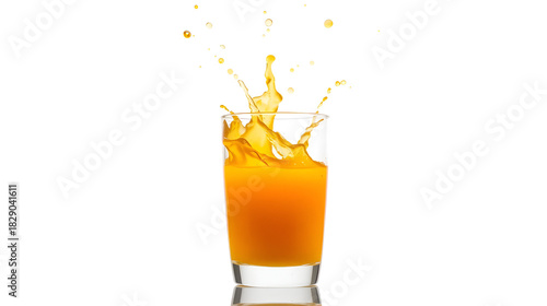 A glass with vibrant yellow-orange juice splashing out dramatically against a white background