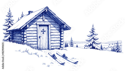 Vintage sketch of cabin in winter landscape with skis by cabin door  