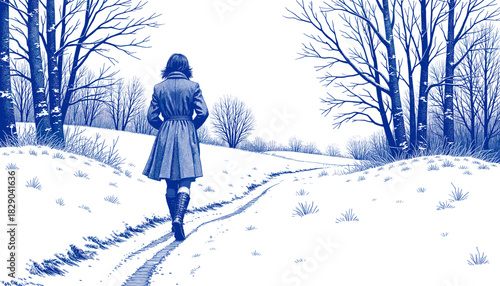 Woman walking snowy trail in vintage ink sketch style with blue ink  
