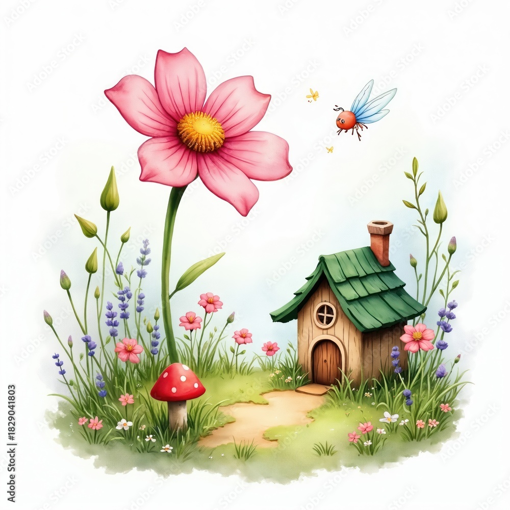 Naklejka premium Watercolor illustration tiny fairy house in green garden. Big pink flower blooms, red mushroom stands by path. Cute flying insect hovers above. Small colorful flowers, grass grow around magical home
