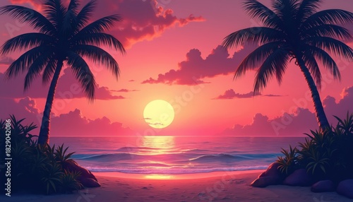 Sea beach sunset illustration with pink and orange sky. Ocean view with sand and palms. Tropical nature wallpaper for summer vibe. Vacation and travel backdrop. Calm landscape for relaxation.