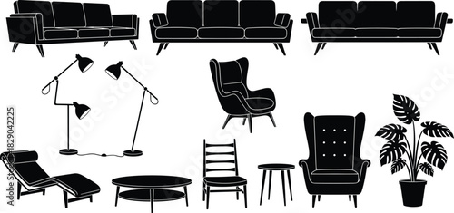 Modern interior furniture silhouettes including sofas, armchairs, lamps, tables, chairs, lounge seating, and home decor plant icons