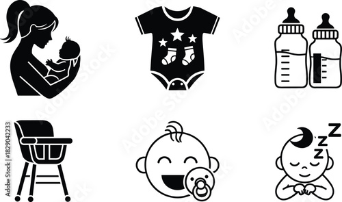 Collection of baby care icons featuring mother holding infant, baby clothes, feeding bottles, high chair, pacifier, and sleeping newborn symbols