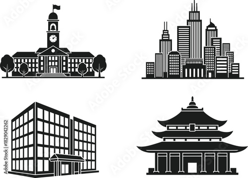 Set of various building silhouettes including city skyline, school building, office complex and traditional temple architecture for design projects