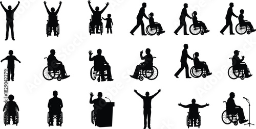Collection of wheelchair user silhouettes with caregivers, children, speakers, and celebrating poses representing disability inclusion, mobility support, empowerment and care