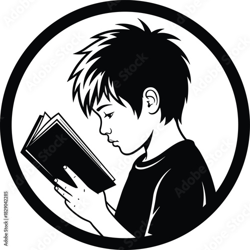 Black and white illustration of a young boy reading a book inside circular frame, symbolizing education, learning, childhood focus and literacy