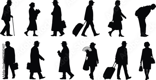 Silhouette collection of walking people carrying bags, luggage, flowers and accessories, depicting everyday travel, commuting and street lifestyle scenes