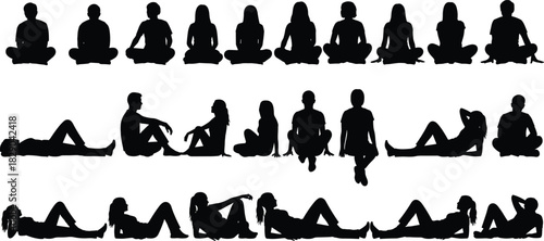 Silhouette collection of people sitting and relaxing in various poses, diverse human figures in outdoor resting positions for design and illustration use