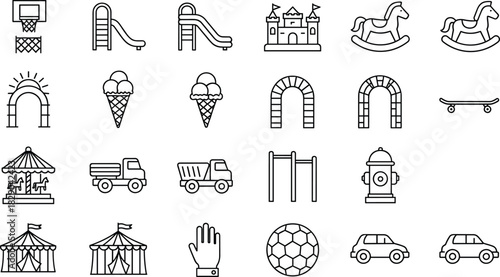 Playground and amusement park icon set featuring slides, ice cream, swings, circus tents, toys, vehicles and outdoor fun elements in line style
