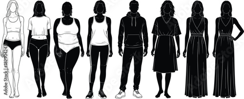 Diverse human body silhouettes showing different body types, fitness shapes, clothing styles and gender variations for fashion, health and illustration design needs