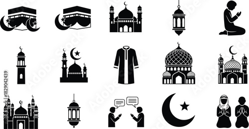 Islamic religious icons collection featuring mosque, kaaba, lantern, crescent moon, praying people, cultural symbols and traditional elements for spiritual themes
