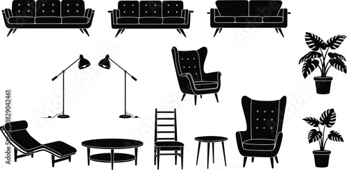 Modern, furniture, silhouettes, sofa, chair, table, lamps, indoor, decor, plants, minimalist, home, interior, design, collection, contemporary, living, room, vector, illustration