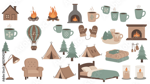 Cozy winter cabin aesthetic vector elements for holiday designs and seasonal promotions