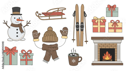 Cozy winter holiday scene with snowman, fireplace, gifts, skis, and warm winter clothing
