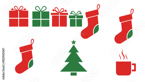 Festive holiday spirit icons showcasing Christmas presents, stockings, tree, and hot cocoa delight