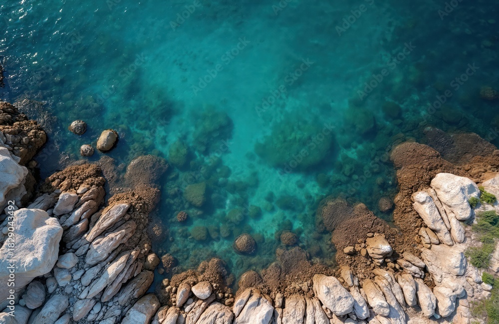 Obraz premium Aerial top view of clear blue sea water with submerged rocks and a rocky coastline. Waves gently lap against the shore creating a tranquil natural scene.