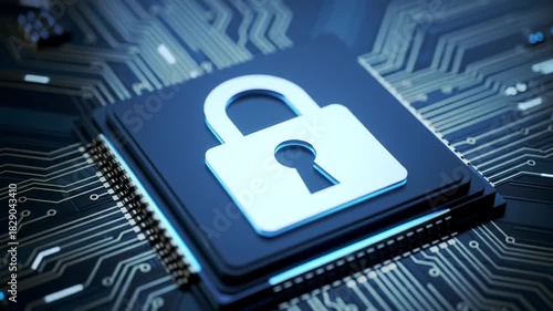 A glowing padlock sits atop a modern dark blue computer chip with visible circuitry