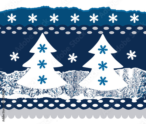 Handmade card cover with christmas tree, decorative hole punches and torn paper. Creative winter greeting card set. Vector illustration.