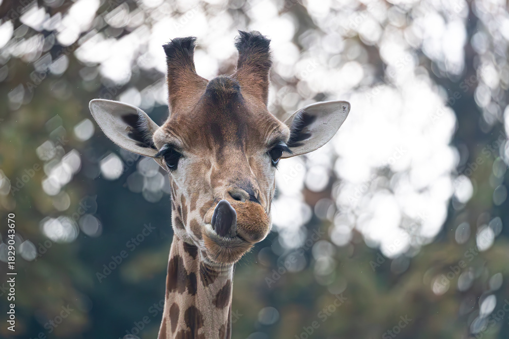 Obraz premium Funny giraffe portrait sticking tongue out looking at camera.