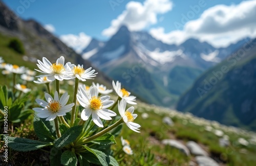 White flowers bloom on sunny mountain slope. Green grass covers hill with distant snowy peaks, blue sky. Wild nature beauty flourishes in high altitude mountain environment, summer day.