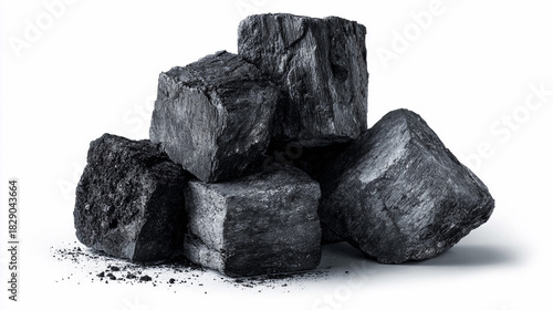 Natural charcoal pieces stacked on a white surface in detailed view