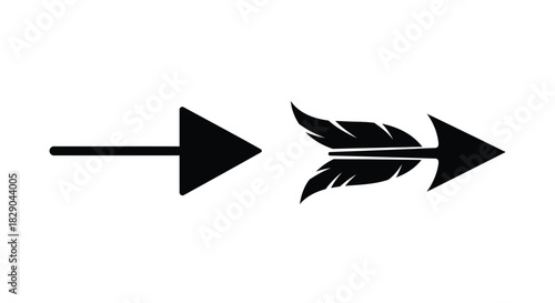 Two black arrows one simple and one with feather fletching pointing right