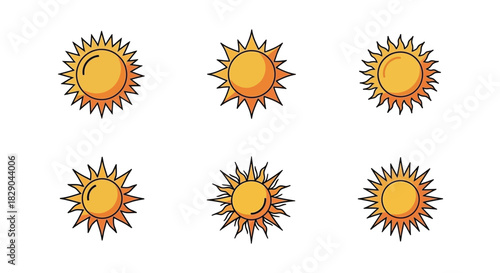 A collection of stylized sun icons with radiating light beams depicted