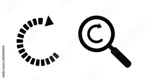 Black loading icon and magnifying glass symbol isolated on white background