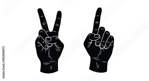 Two hands displaying peace and victory signs in a stark black and white style