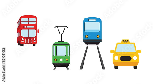 Colorful public transportation vehicles including buses trams trains and taxis