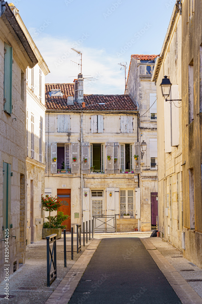 Fototapeta premium A narrow alleyway with a brick walkway and a few buildings in Saintes France. The buildings are white and have shutters on the windows