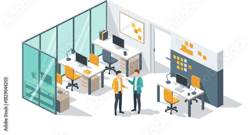Modern isometric office collaboration space with workspace and technology