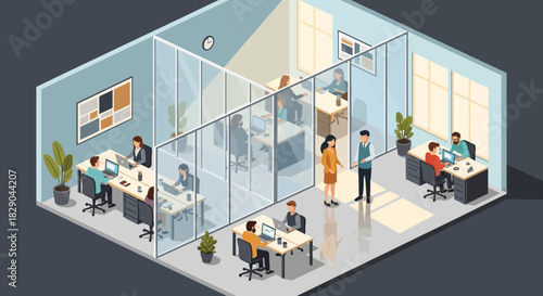 Modern isometric office design with collaborative workspace