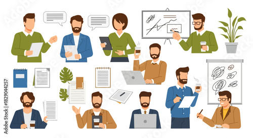 Flat style office team collaboration with charts and technology